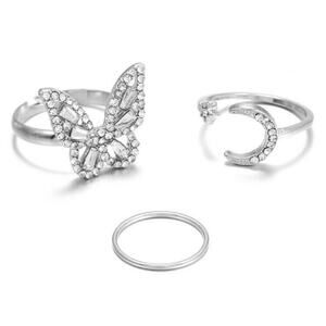 Silver Alloy Plated Fashion Rhinestone Butterfly Moon Star Ring Trio